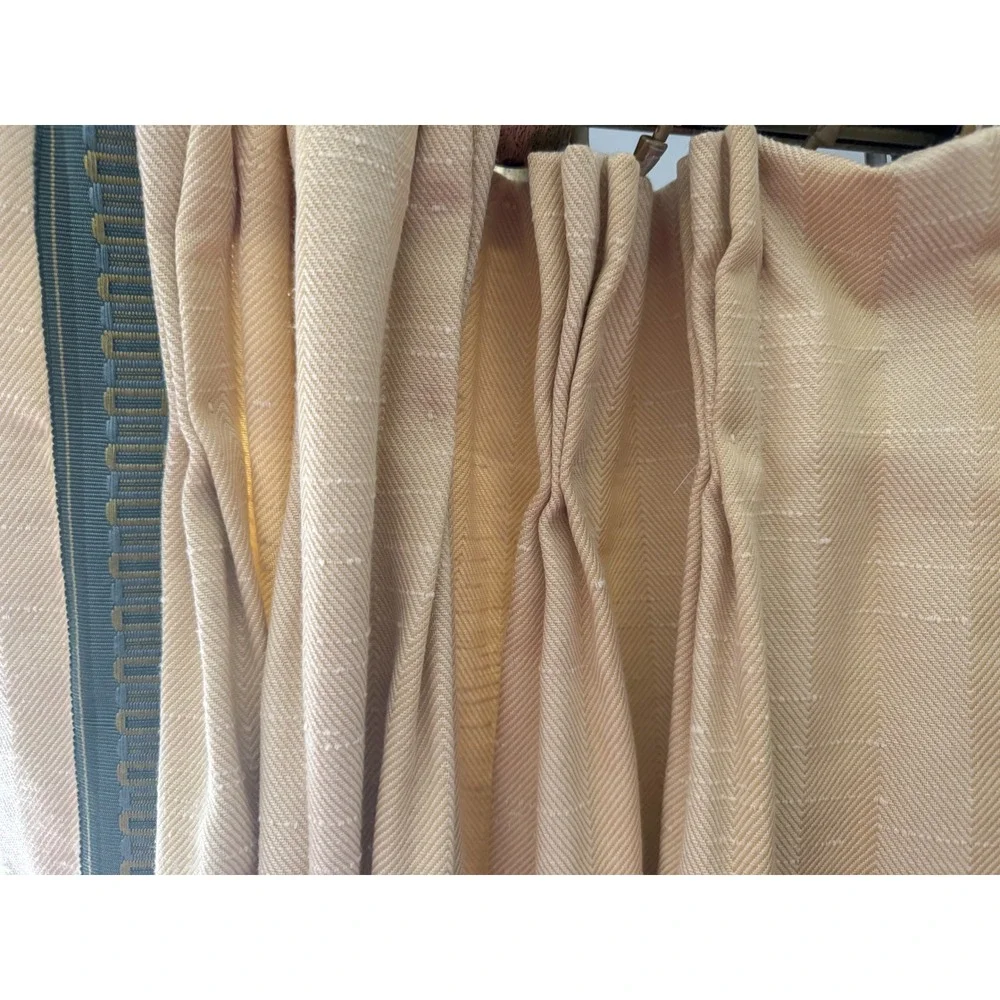 Pair Custom Pinch Pleat Lined Curtains Pale Yellow Herringbone Ribbon Trim 94 in